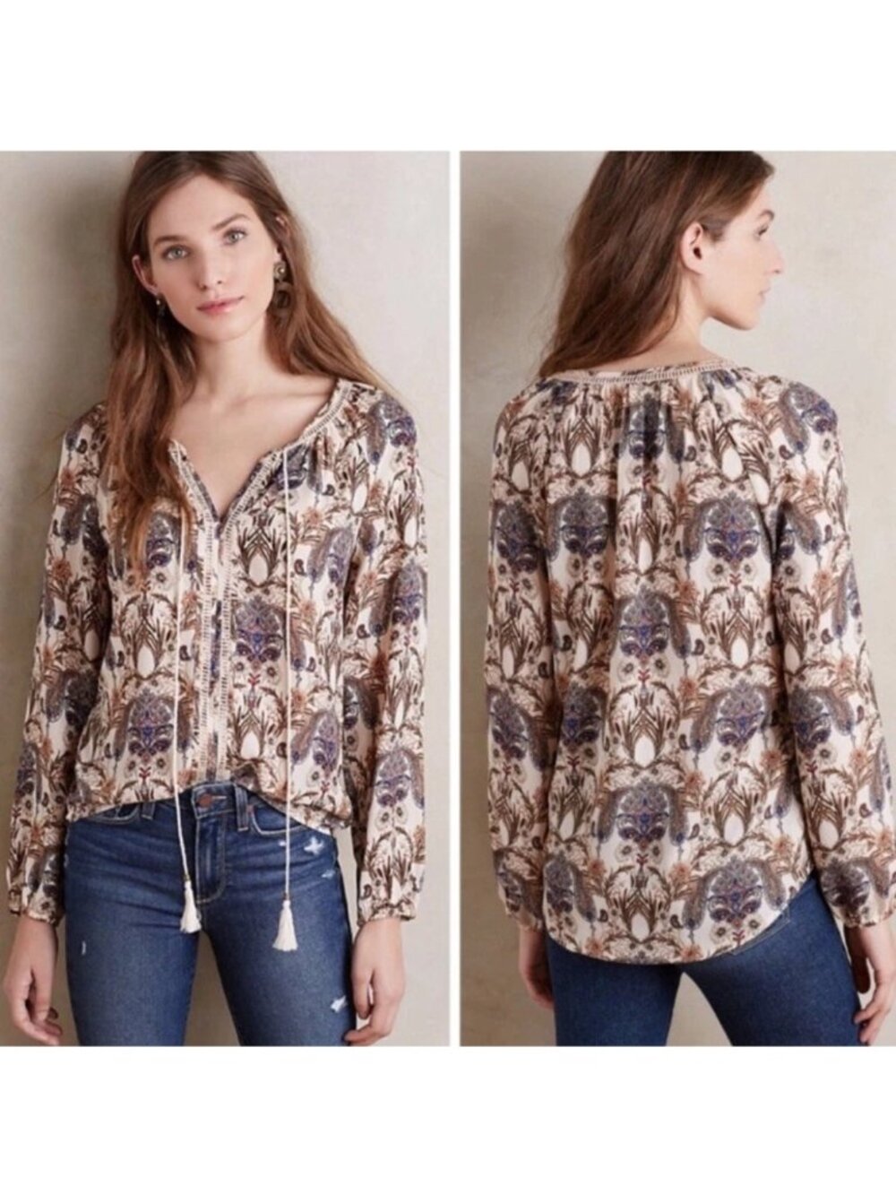 Anthropologie Meadow Rue Myrtle Long Sleeve Paisley Boho Peasant Top Size Large